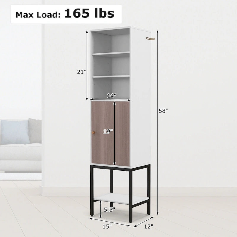57" Bathroom Tall Cabinet with 1 Door and 4 Shelves