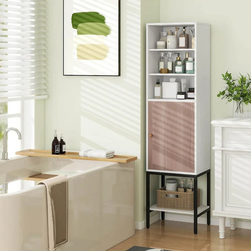 57" Bathroom Tall Cabinet with 1 Door and 4 Shelves