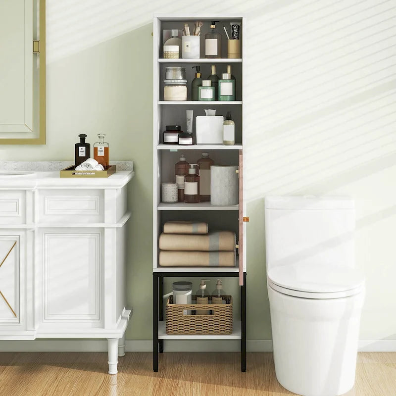 57" Bathroom Tall Cabinet with 1 Door and 4 Shelves
