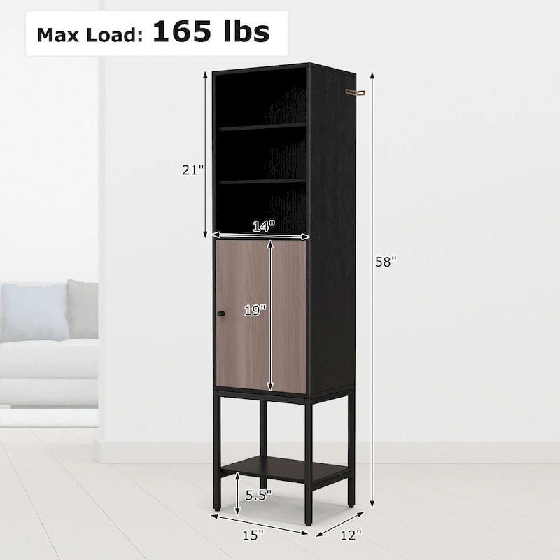 57" Bathroom Tall Cabinet with 1 Door and 4 Shelves