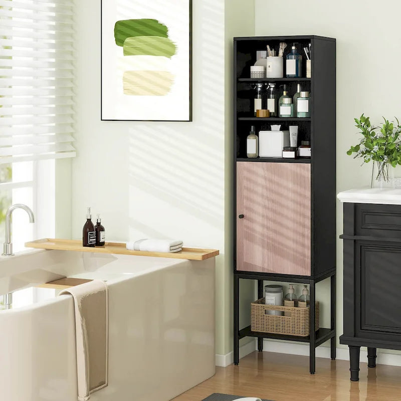 57" Bathroom Tall Cabinet with 1 Door and 4 Shelves
