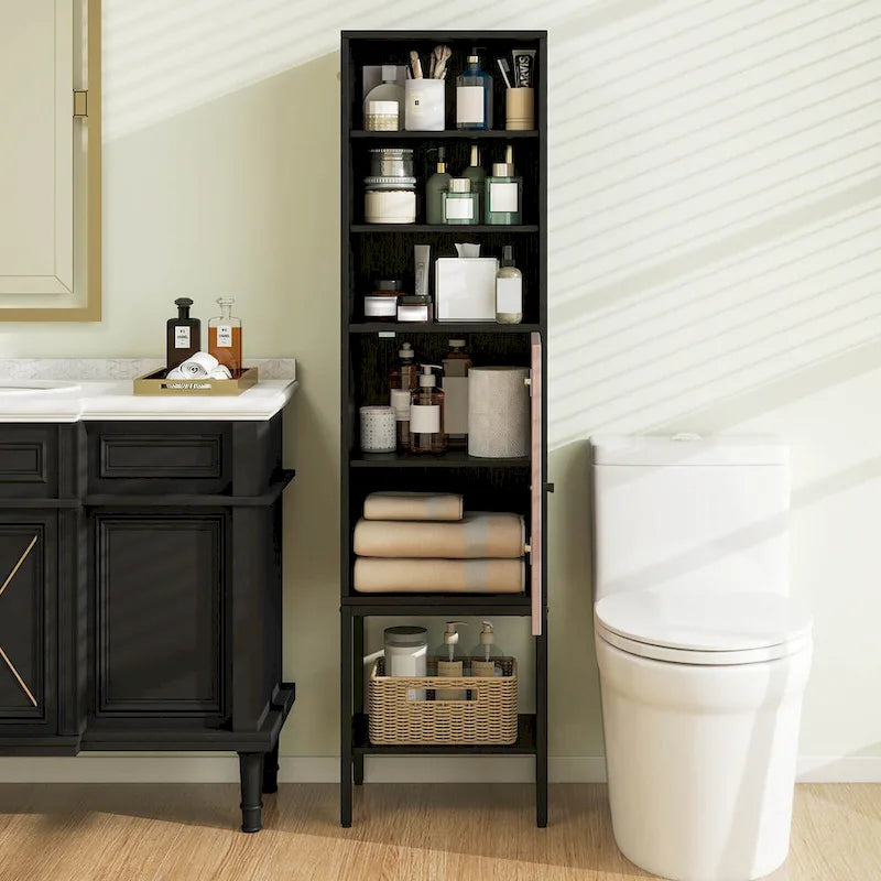 57" Bathroom Tall Cabinet with 1 Door and 4 Shelves