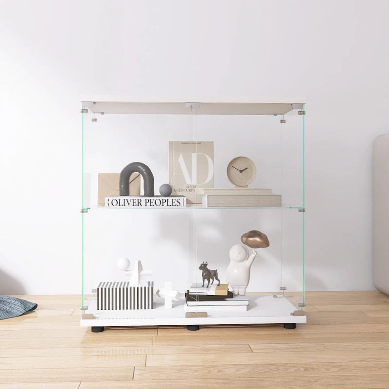 Two-door Glass Display Cabinet 2 Shelves with Door, Floor Standing Curio Bookshelf for Living Room Bedroom Office