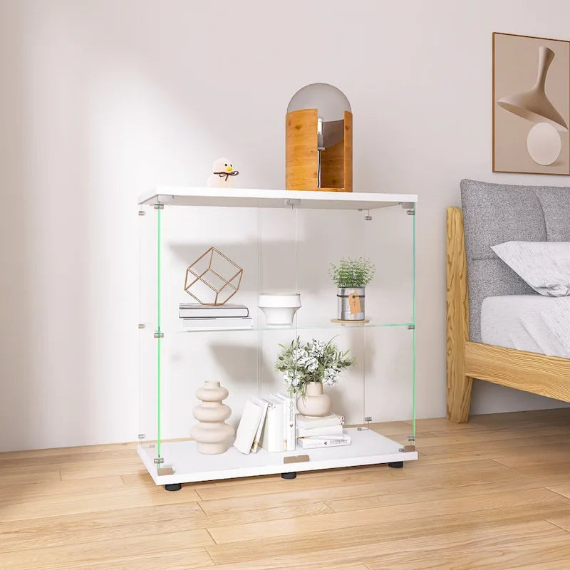 Glass Display Cabinet with 2 Shelves and Doors, Floor Standing Curio Bookshelf