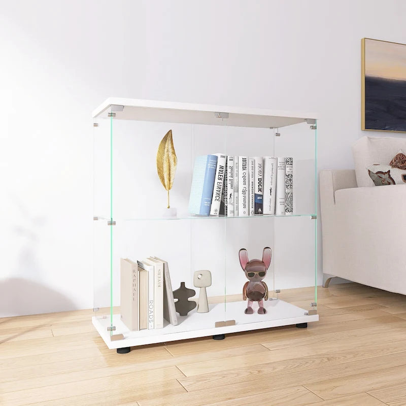 Glass Display Cabinet with 2 Shelves and Doors, Floor Standing Curio Bookshelf