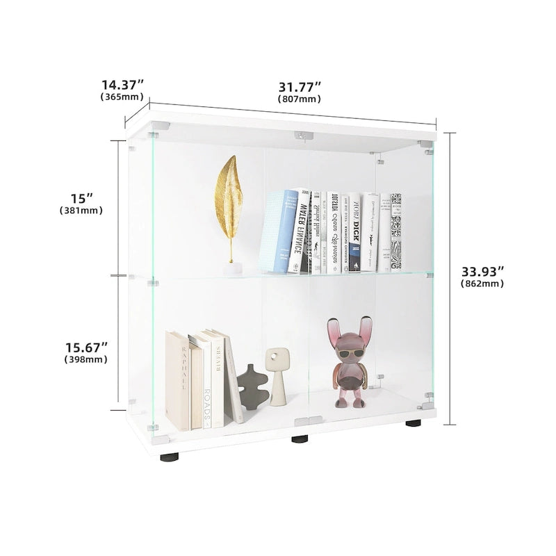 Glass Display Cabinet with 2 Shelves and Doors, Floor Standing Curio Bookshelf