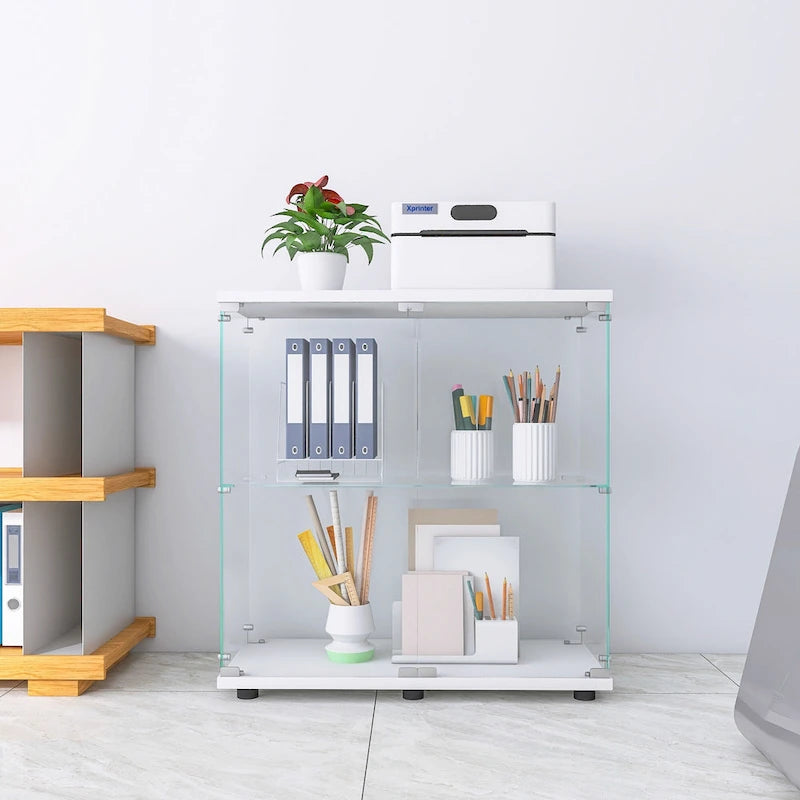 Glass Display Cabinet with 2 Shelves and Doors, Floor Standing Curio Bookshelf
