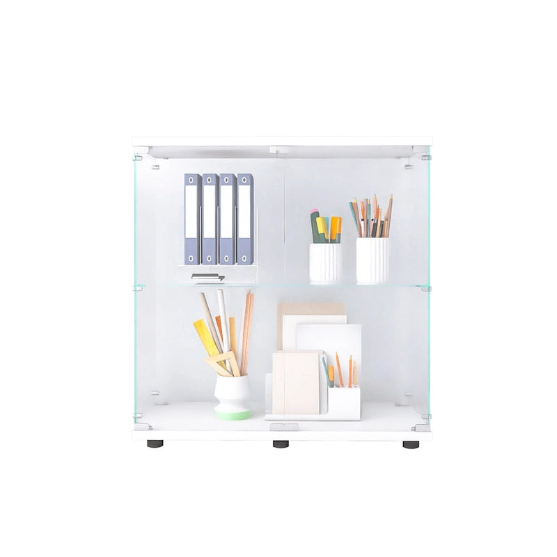 Glass Display Cabinet with 2 Shelves and Doors, Floor Standing Curio Bookshelf
