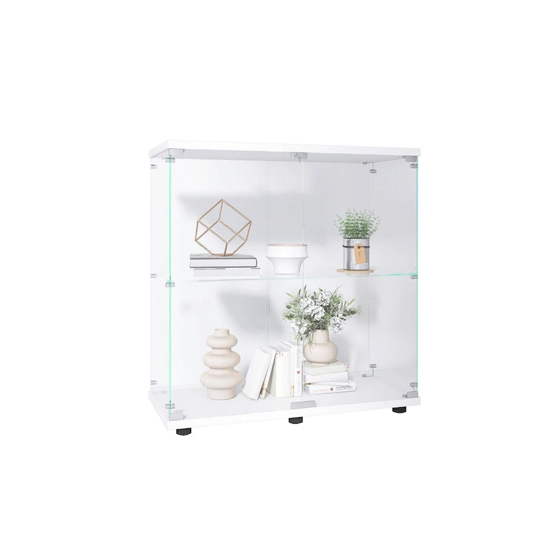 Glass Display Cabinet with 2 Shelves and Doors, Floor Standing Curio Bookshelf