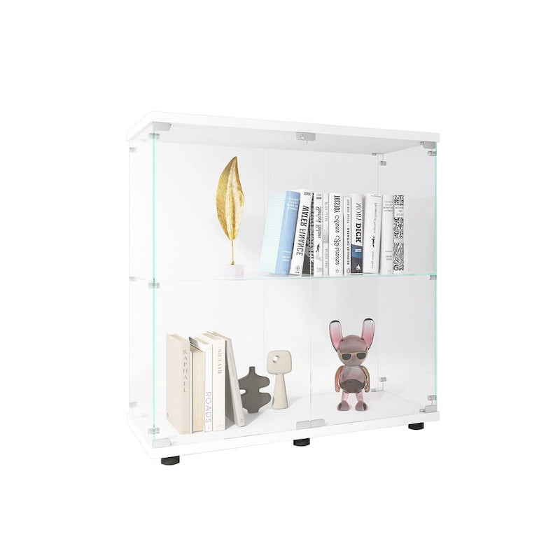 Glass Display Cabinet with 2 Shelves and Doors, Floor Standing Curio Bookshelf