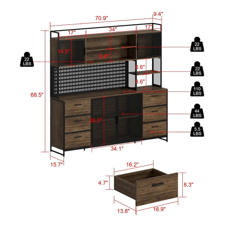 70.9W Kitchen Storage Cabinet with Cupboard & Microwave Stand