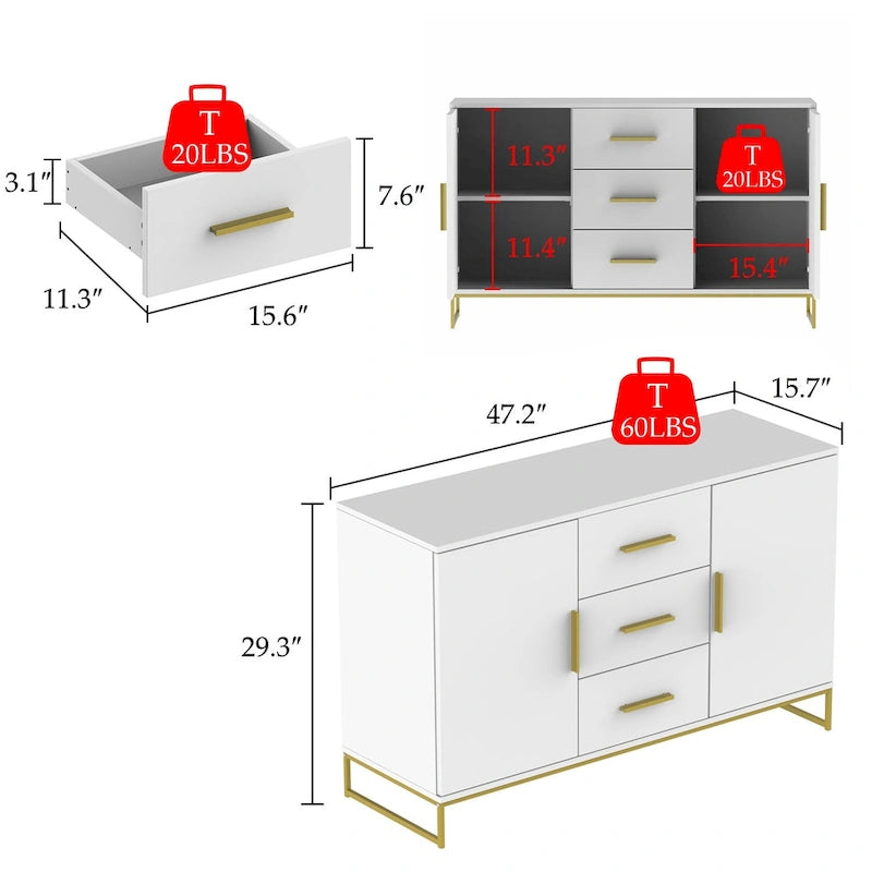 47" Buffet Credenza with Double Doors and 3 Drawers