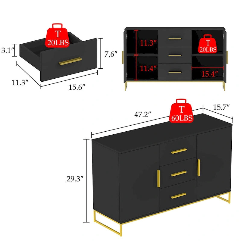47" Buffet Credenza with Double Doors and 3 Drawers