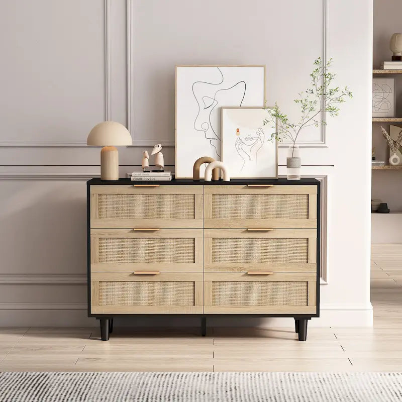 6-Drawer Rattan Storage Cabinet for Bedroom & Living Room