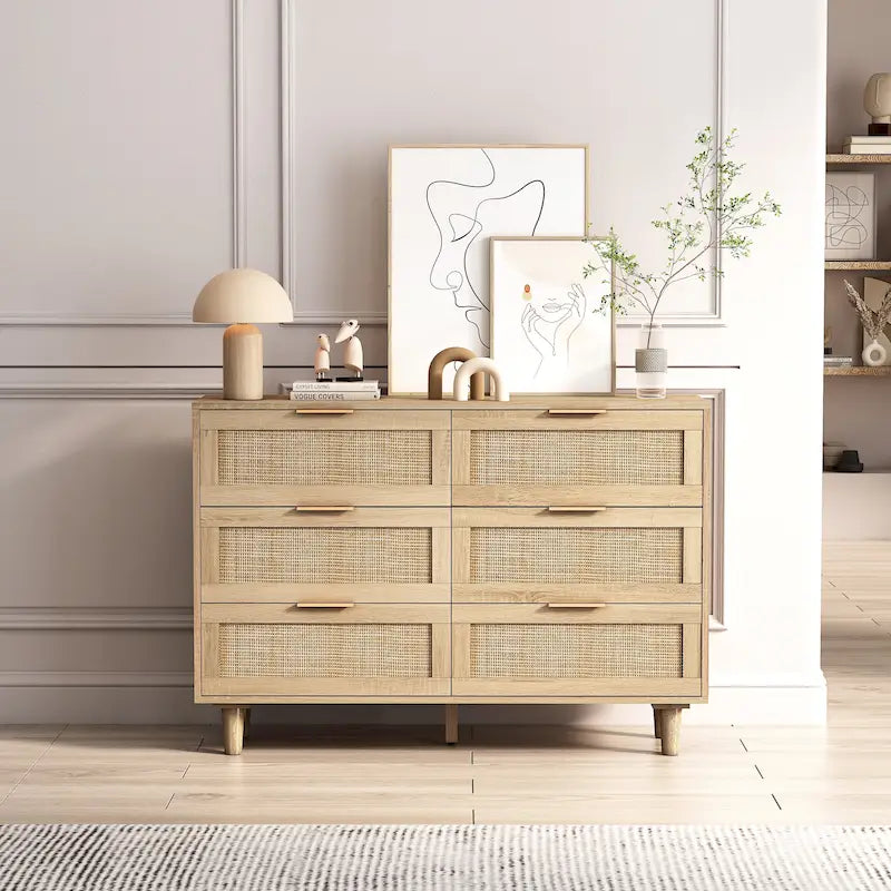 6-Drawer Rattan Storage Cabinet for Bedroom & Living Room