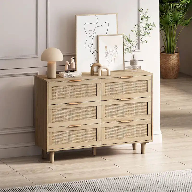 6-Drawer Rattan Storage Cabinet for Bedroom & Living Room