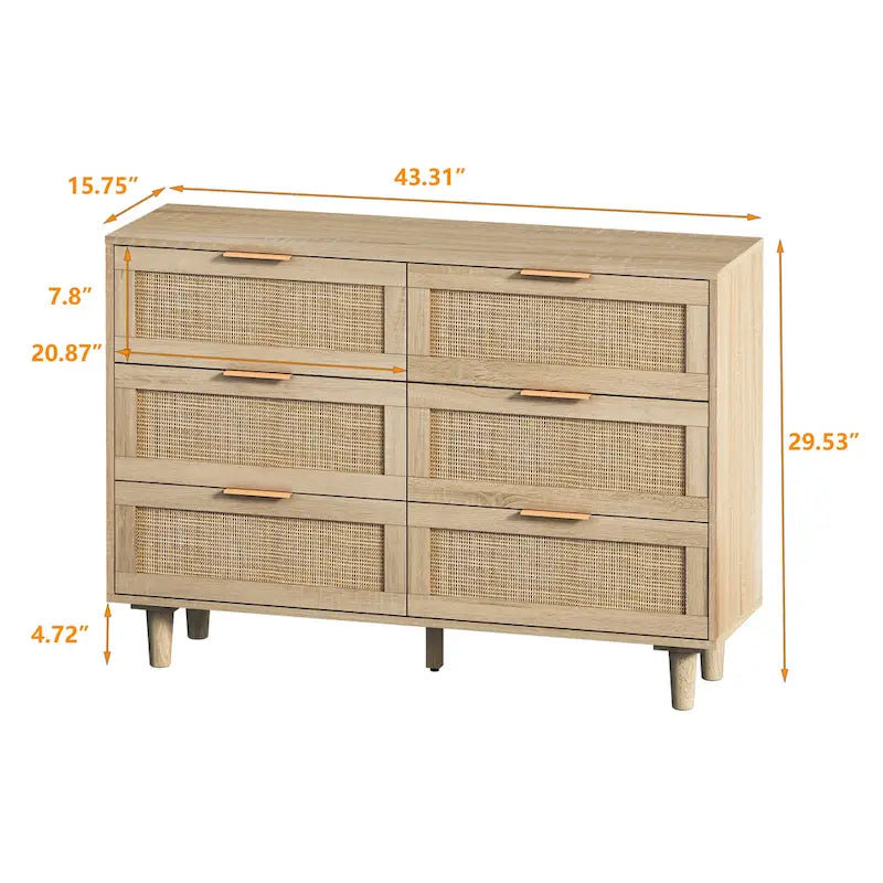 6-Drawer Rattan Storage Cabinet for Bedroom & Living Room