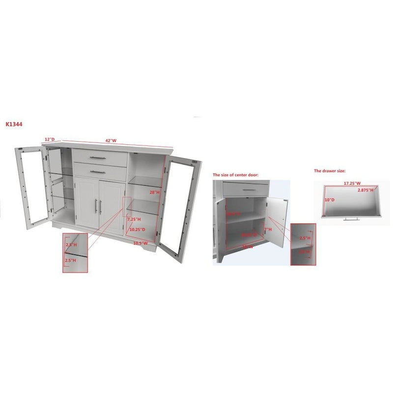 Kitchen Storage Cabinet Buffet with Glass Doors, White