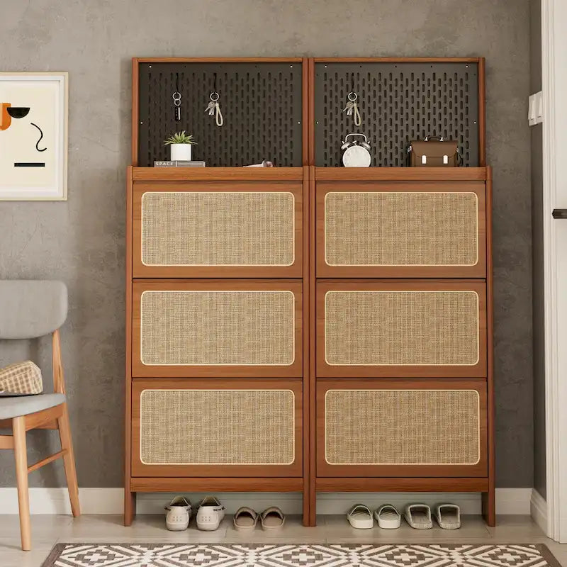 Rattan Shoe Cabinet for Entryway with 3 Flip Drawers & Pegboard