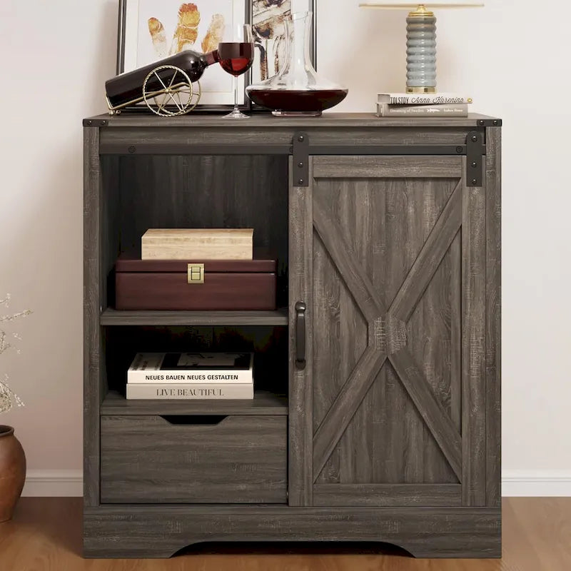 Farmhouse Coffee Bar Cabinet with Sliding Barn Doors