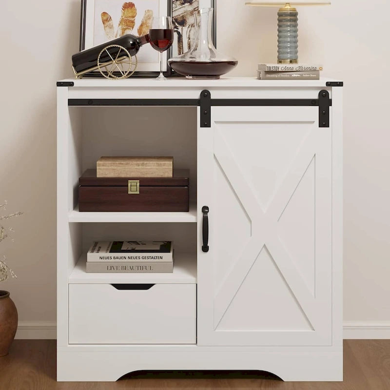 Farmhouse Coffee Bar Cabinet with Sliding Barn Doors