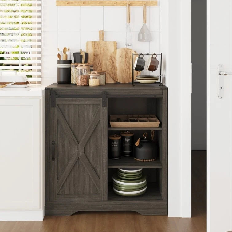 Farmhouse Coffee Bar Cabinet with Sliding Barn Doors