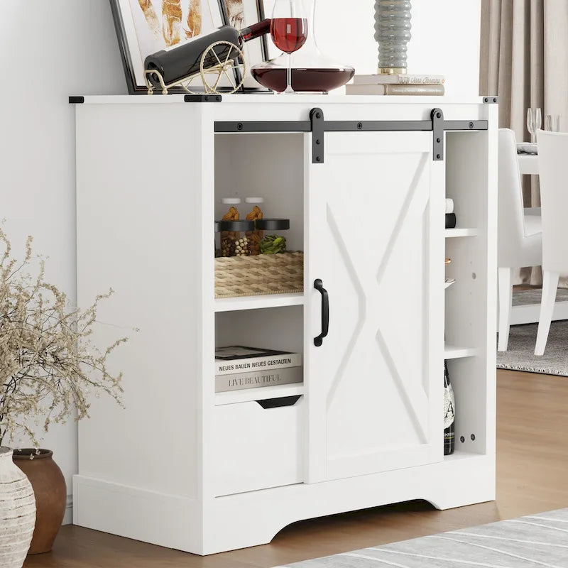 Farmhouse Coffee Bar Cabinet with Sliding Barn Doors