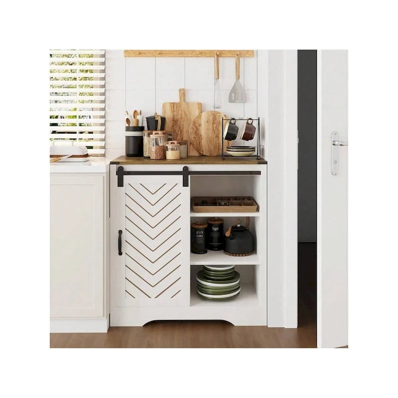 Farmhouse Coffee Bar Cabinet with Sliding Barn Doors