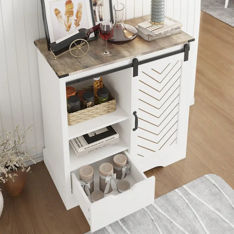 Farmhouse Coffee Bar Cabinet with Sliding Barn Doors