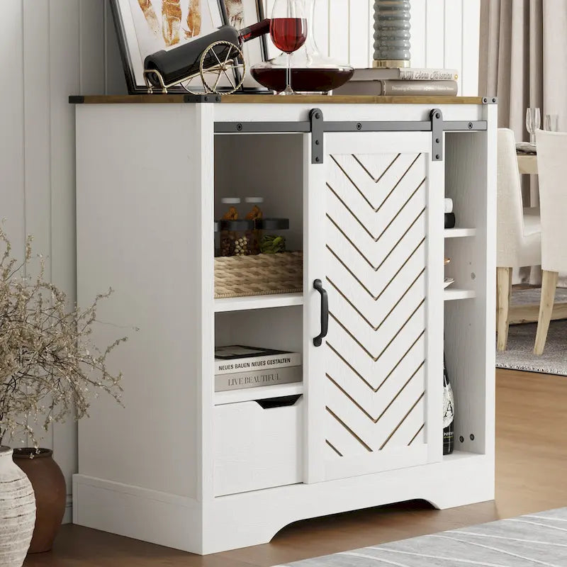 Farmhouse Coffee Bar Cabinet with Sliding Barn Doors