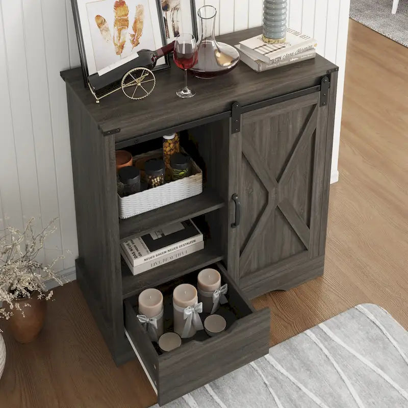 Farmhouse Coffee Bar Cabinet with Sliding Barn Doors
