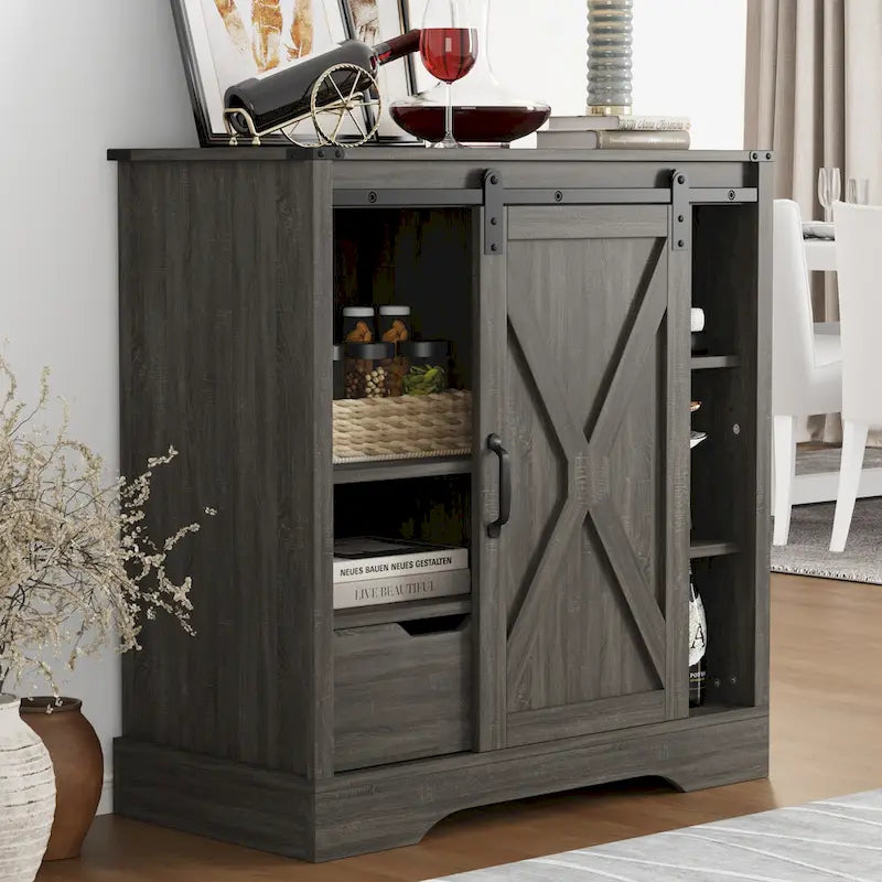 Farmhouse Coffee Bar Cabinet with Sliding Barn Doors