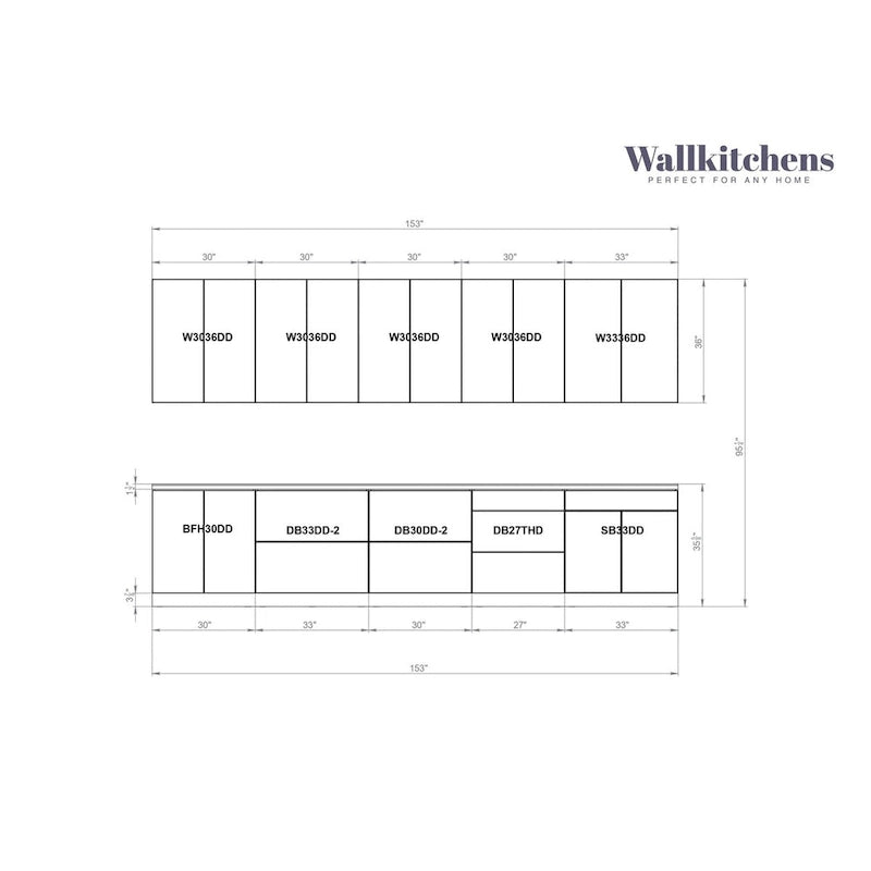 Kitchen Cabinet Set White Gloss 13Ft Wide - 153x24