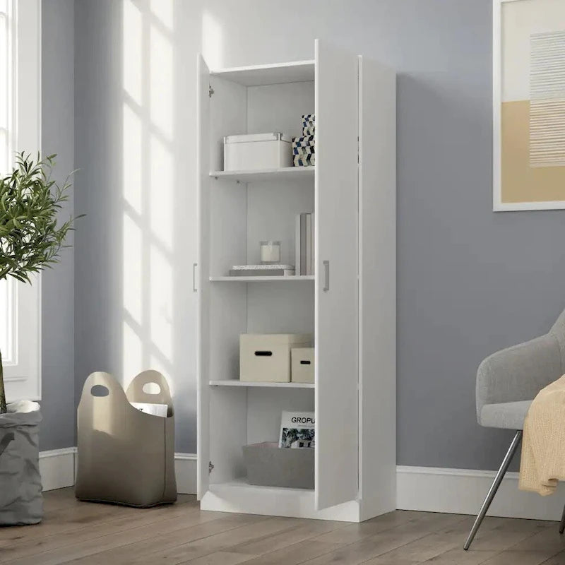 60" Tall White Double Door Storage Cabinet with 4-Tier Shelves
