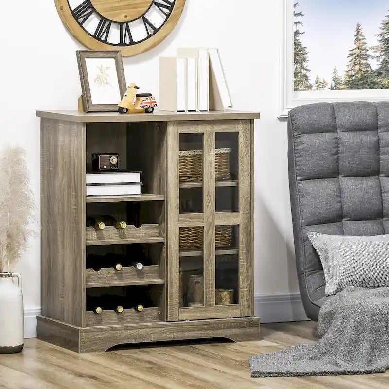 Modern Buffet Cabinet, Kitchen Sideboard with Wine Racks, Sliding Glass Door, Storage Shelves for Living Room