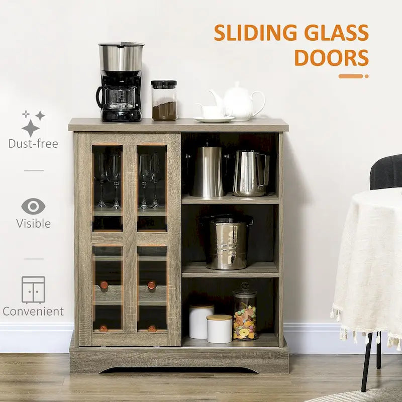 Modern Buffet Cabinet, Kitchen Sideboard with Wine Racks, Sliding Glass Door, Storage Shelves for Living Room
