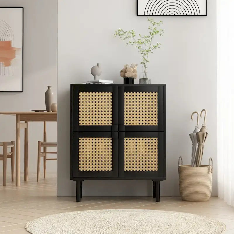 Modern Sideboard 4-Doors Rattan Mesh Storage Cabinet