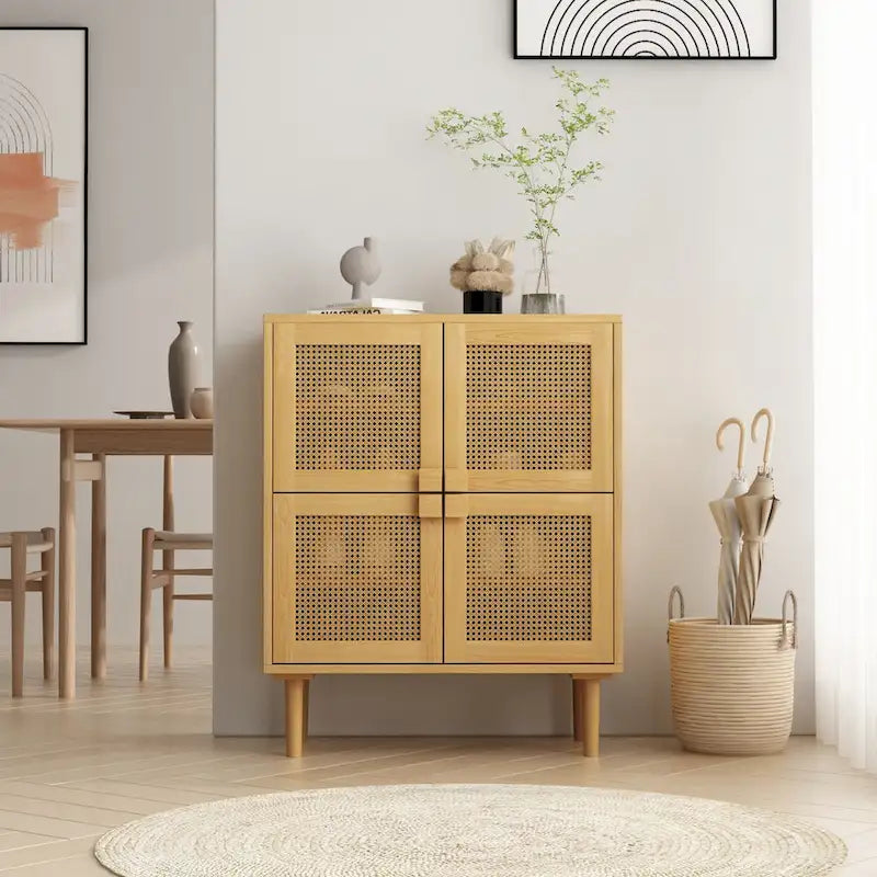 Modern Sideboard 4-Doors Rattan Mesh Storage Cabinet
