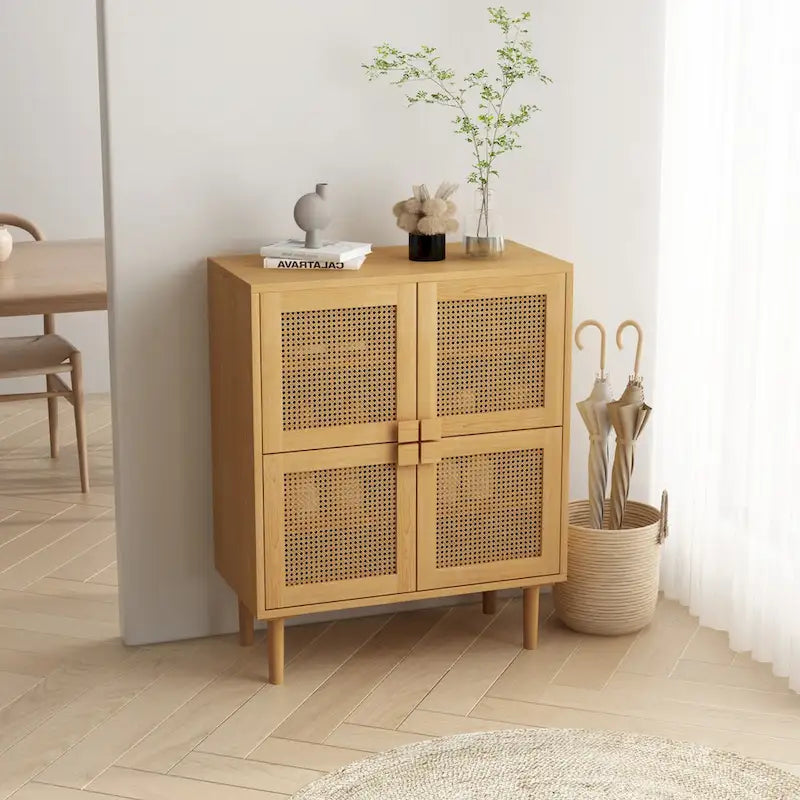 Modern Sideboard 4-Doors Rattan Mesh Storage Cabinet