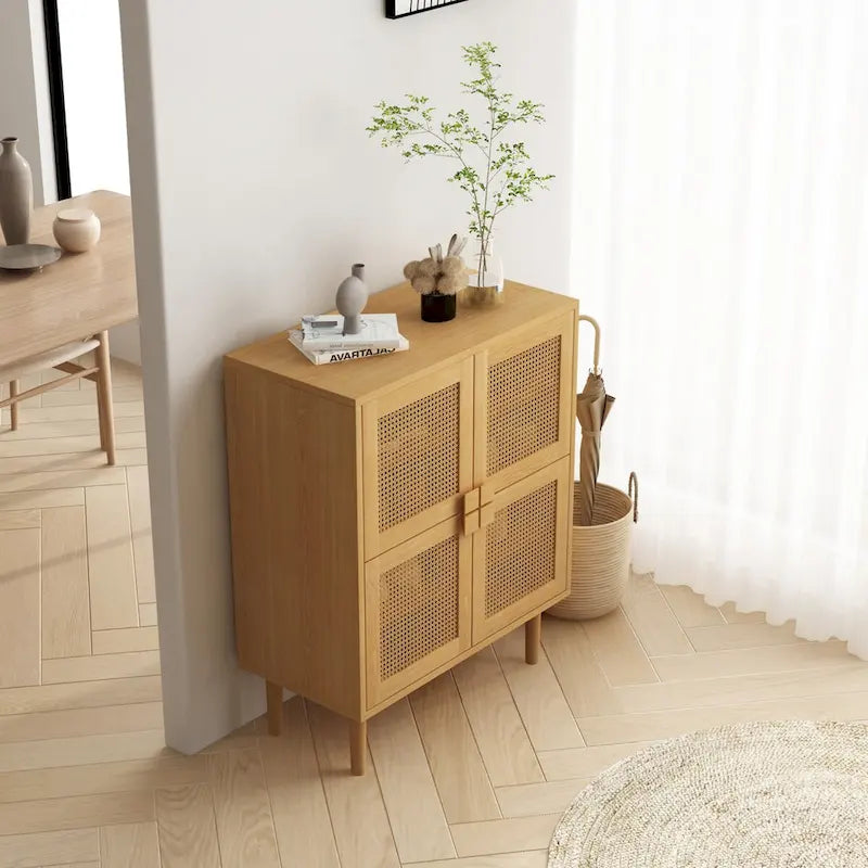 Modern Sideboard 4-Doors Rattan Mesh Storage Cabinet