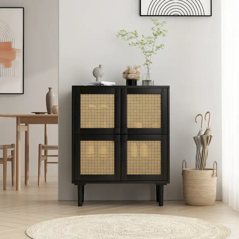 Modern Sideboard 4-Doors Rattan Mesh Storage Cabinet