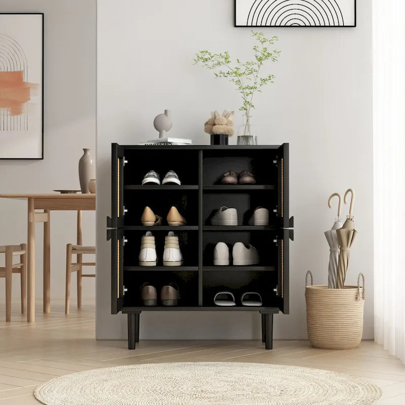 Modern Sideboard 4-Doors Rattan Mesh Storage Cabinet