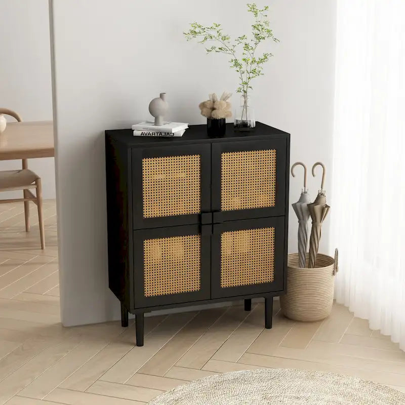 Modern Sideboard 4-Doors Rattan Mesh Storage Cabinet
