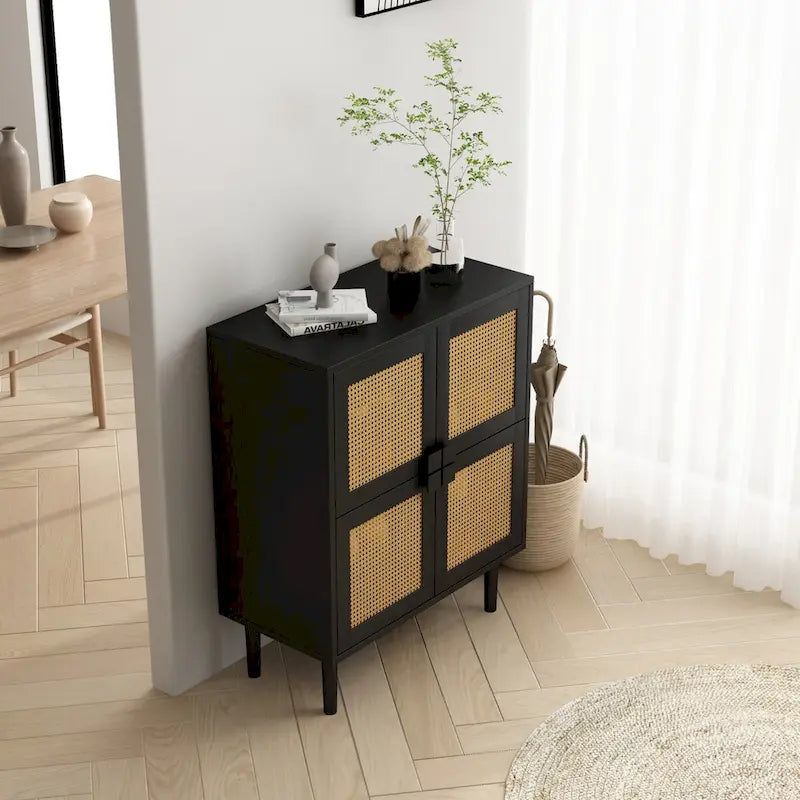 Modern Sideboard 4-Doors Rattan Mesh Storage Cabinet