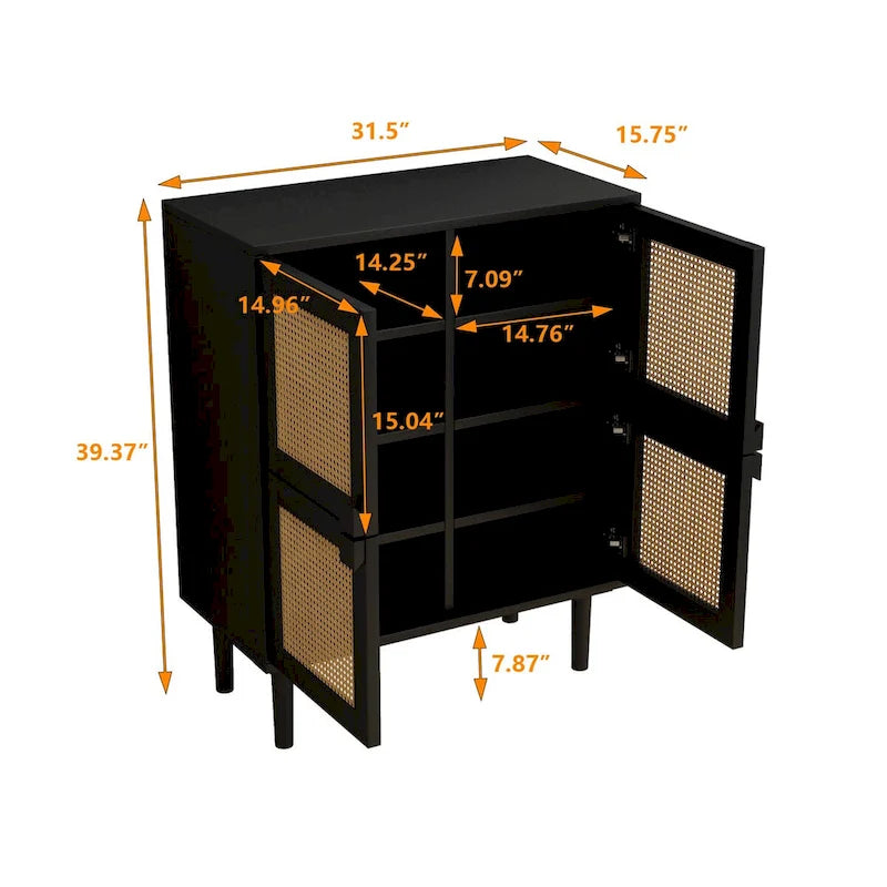 Modern Sideboard 4-Doors Rattan Mesh Storage Cabinet