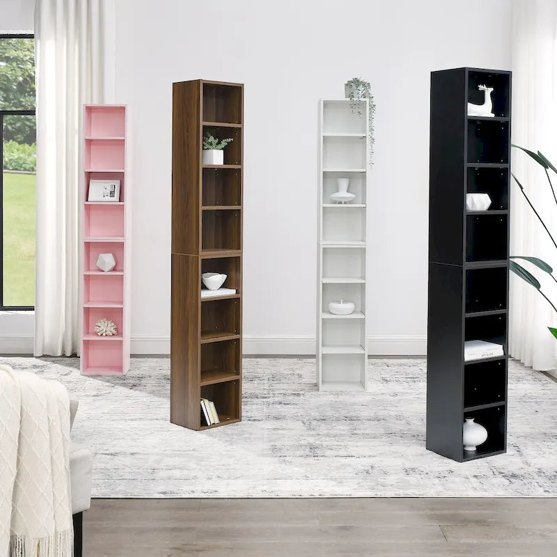 8-Tier Media Tower Rack with Adjustable Shelves, Tall Narrow Bookcase Display Bookshelf