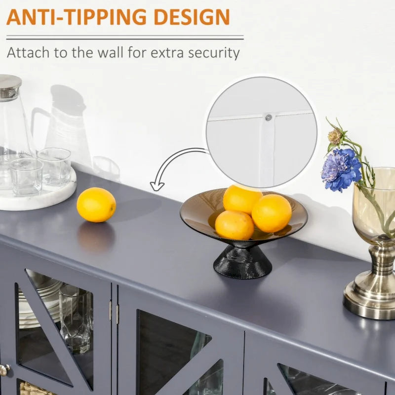 Sideboard Buffet Cabinet with Tempered Glass Doors and Adjustable Storage Shelf, Grey