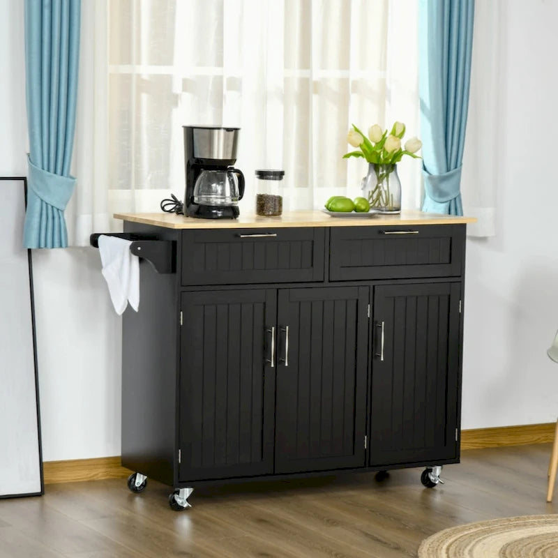 Kitchen Cart with Wood Top, Storage Drawers, 3-door Cabinets, Adjustable Shelves and Towel Rack, Black
