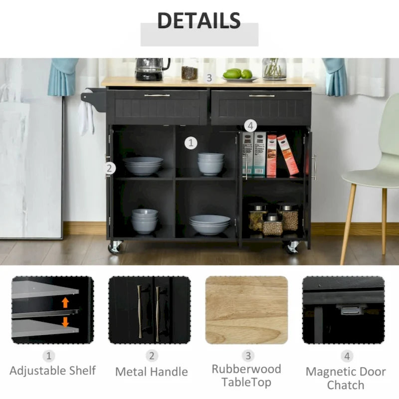 Kitchen Cart with Wood Top, Storage Drawers, 3-door Cabinets, Adjustable Shelves and Towel Rack, Black
