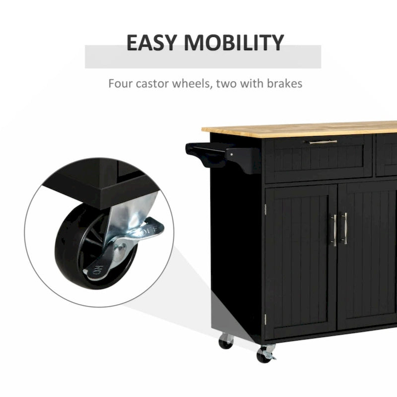 Kitchen Cart with Wood Top, Storage Drawers, 3-door Cabinets, Adjustable Shelves and Towel Rack, Black